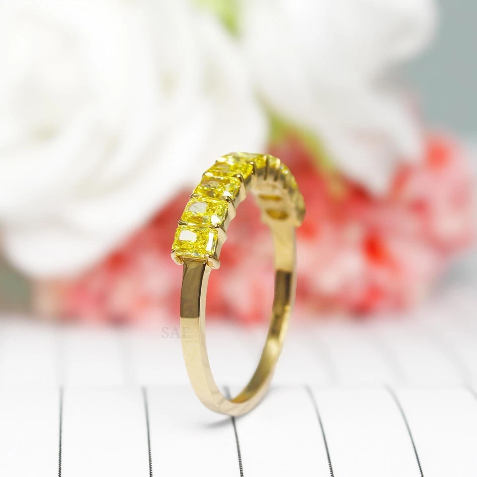 0.90Ct Radiant Cut Wedding Lab Grown Fancy Vivid Yellow Diamond Band 14k Gold - image 3 of 4