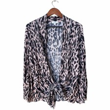 UMGEE Animal Print Open Cardigan Raw Hem Tiered Bell Sleeves Tie Front M/L