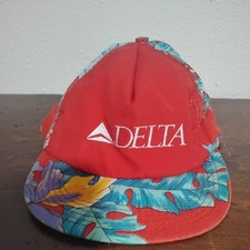 Vintage Delta Air Lines Hat Red Tropical Floral Print 80s logo M&B Headwear
