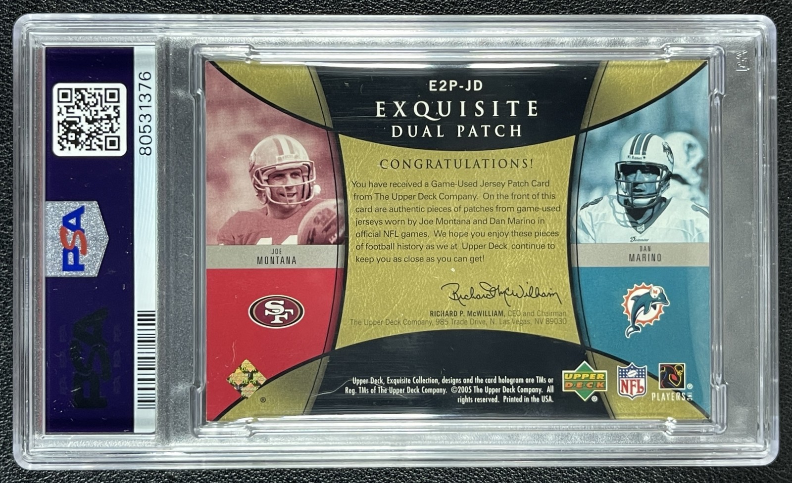 JOE MONTANA DAN MARINO PSA 8 2005 UPPER DECK EXQUISITE COLL DUAL GU PATCH 17/25 view 2