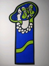 Vintage 1970s Psychedelic Bookmark Abstract Modern Art Fancy Woman Blue Green
