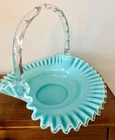 RARE Vintage Fenton Silver Crest Turquoise Glass Basket - 13"