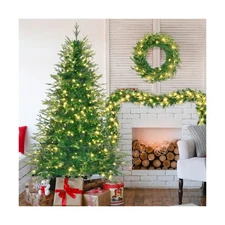 6FT Pre-Lit Artificial Christmas Tree with Wreath & Garland - Xmas Tree with ...