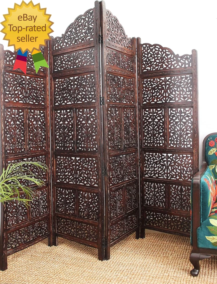Separador de habitaciones pantalla de madera Mahanadi marrón antiguo 4 paneles plegable 72X80 Foto 3 de 4