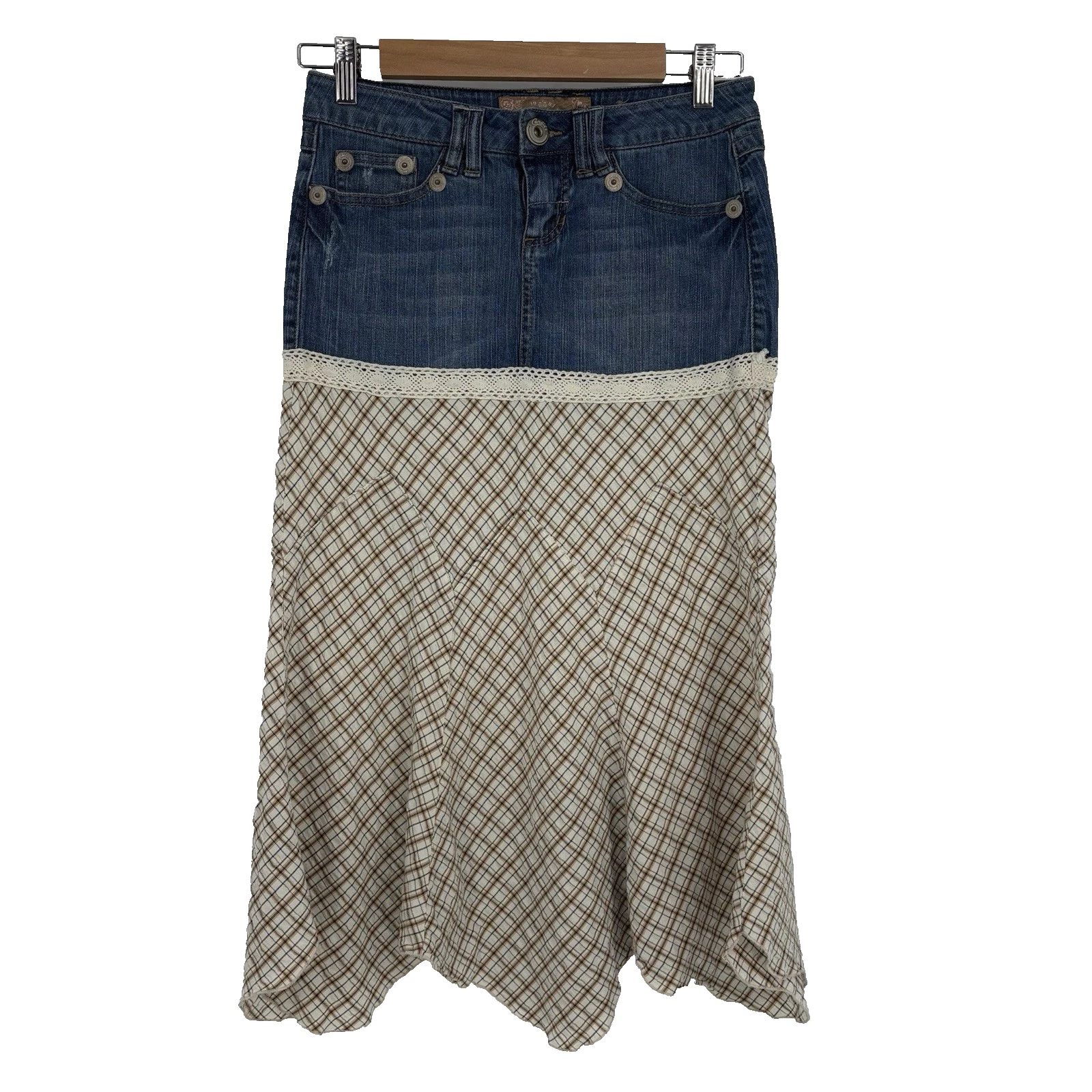Y2K Candies Womens Jean Midi Skirt 3 Handkerchief Hem Boho Cowgirl Rodeo Indie