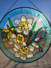 Vintage Stained Glass Suncatcher Hummingbirds  Daffodils Round 7.5  