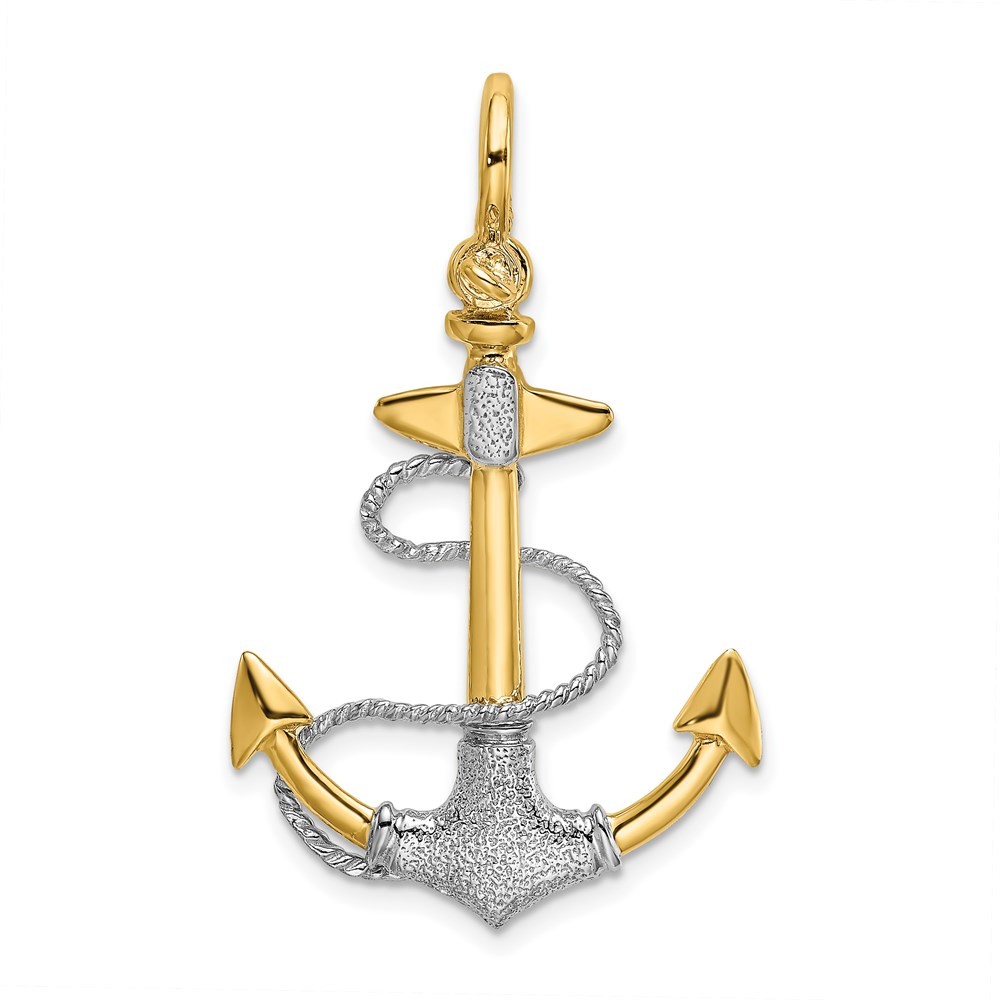 14K Two-tone Gold 3-D Textured Anchor with Rope and Shackle Bail Charm Pendant