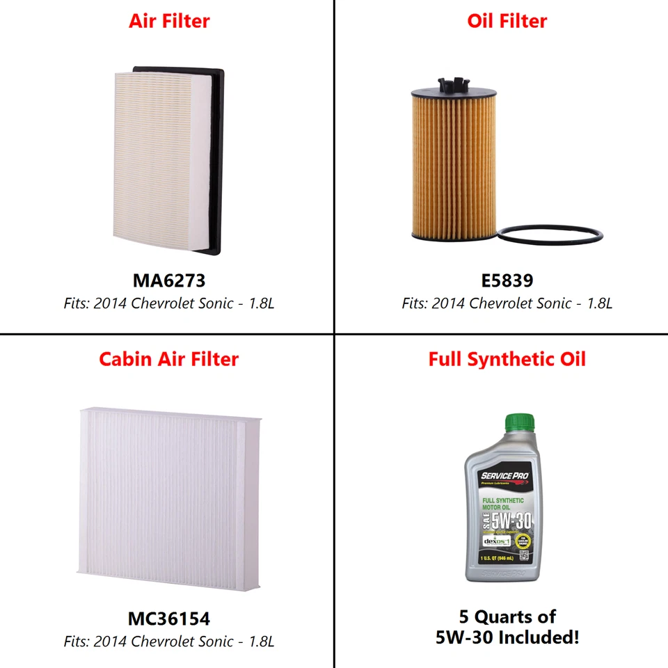 2014 Chevrolet Sonic 1.8L Complete Air, Oil & Cabin Filter Kit (5W-30) Foto 2 de 4