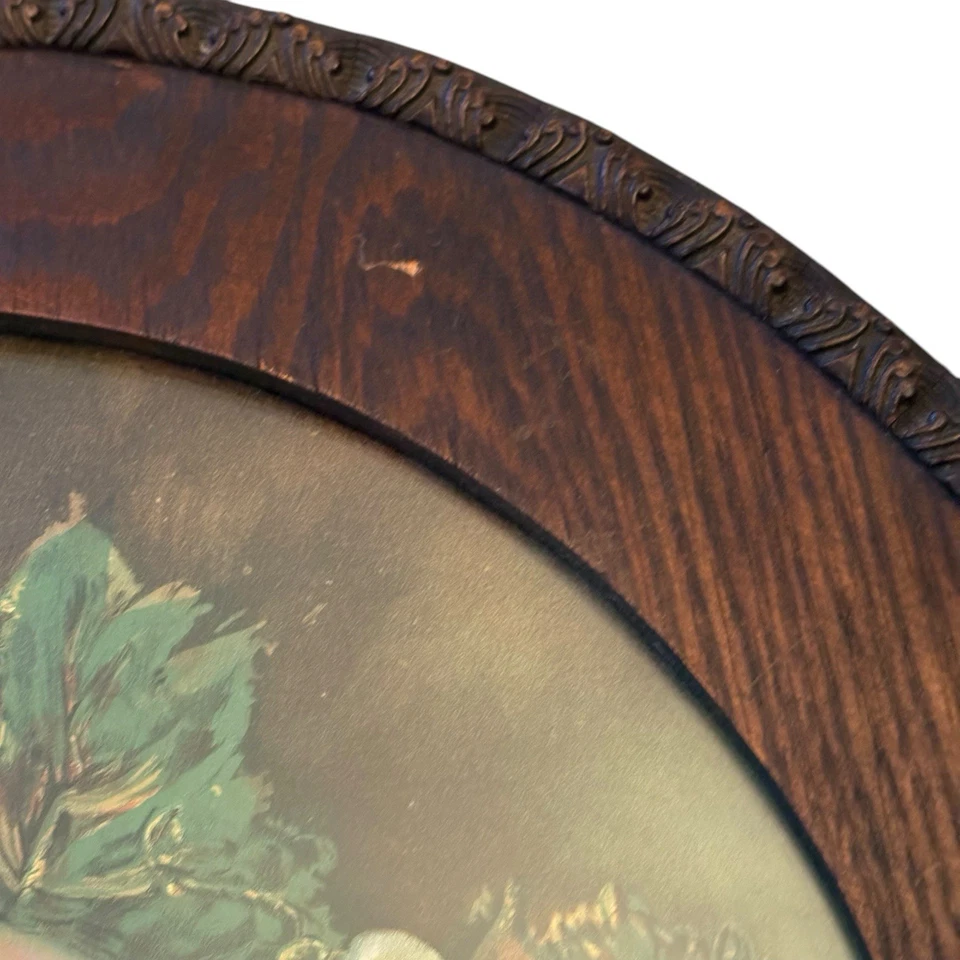 Antique 19th C. Print Still Life Fruit w Round Wood Frame Peaches And Grapes - Image 2 of 4