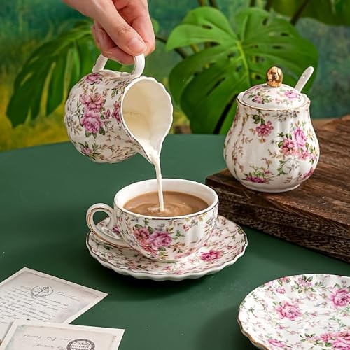 Tea Cup and Saucers, 6.4oz Floral Tea Cups with Gold Trim, Porcelain Bone White