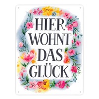 Hier Wohnt GlüCk Metallschild XXL In 28X38 Cm Blumenkranz