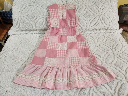 Girls Prairie Dress Patchwork Size 8 / 10 Handmade Pink Gingham Cottagecore - Picture 5 of 12