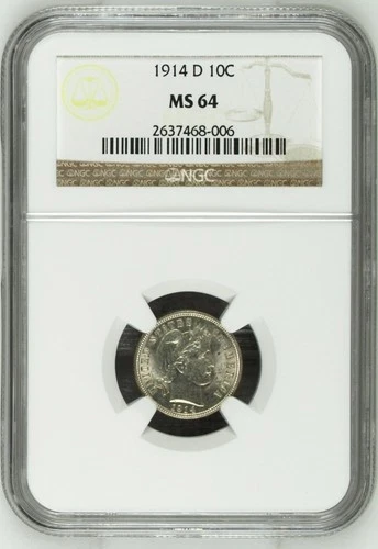 1914 D Barber Dime, NGC MS 64
