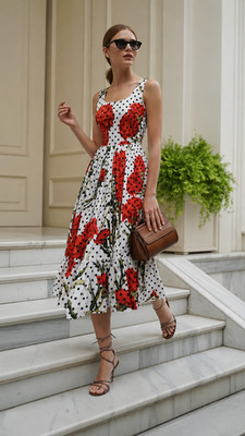 Dolce & Gabbana SS2015 Midikleid Nelken Blumen Polka Dot Print Baumwolle IT36