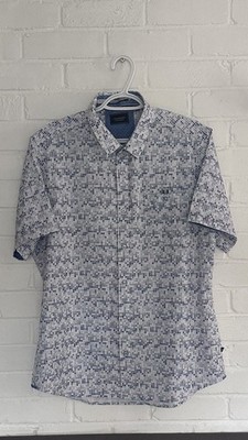 7 Diamonds Men Borneo 4-Way Stretch Polo Shirt Sz Large White Blue Geometric