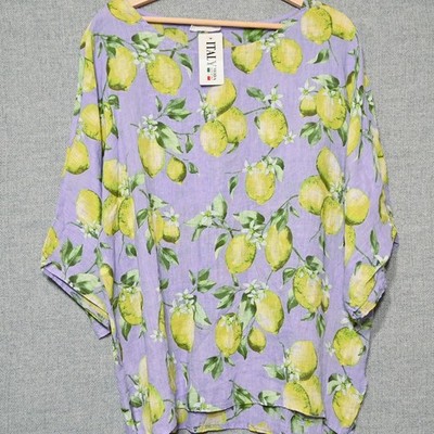 Italy Moda Linen Top Womens Lemon Print Short Sleeve Purple OS Italy NWT