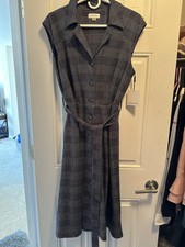 Calvin Klein Black White Plaid Button-Front Belted Dress Retro Pockets Size 10