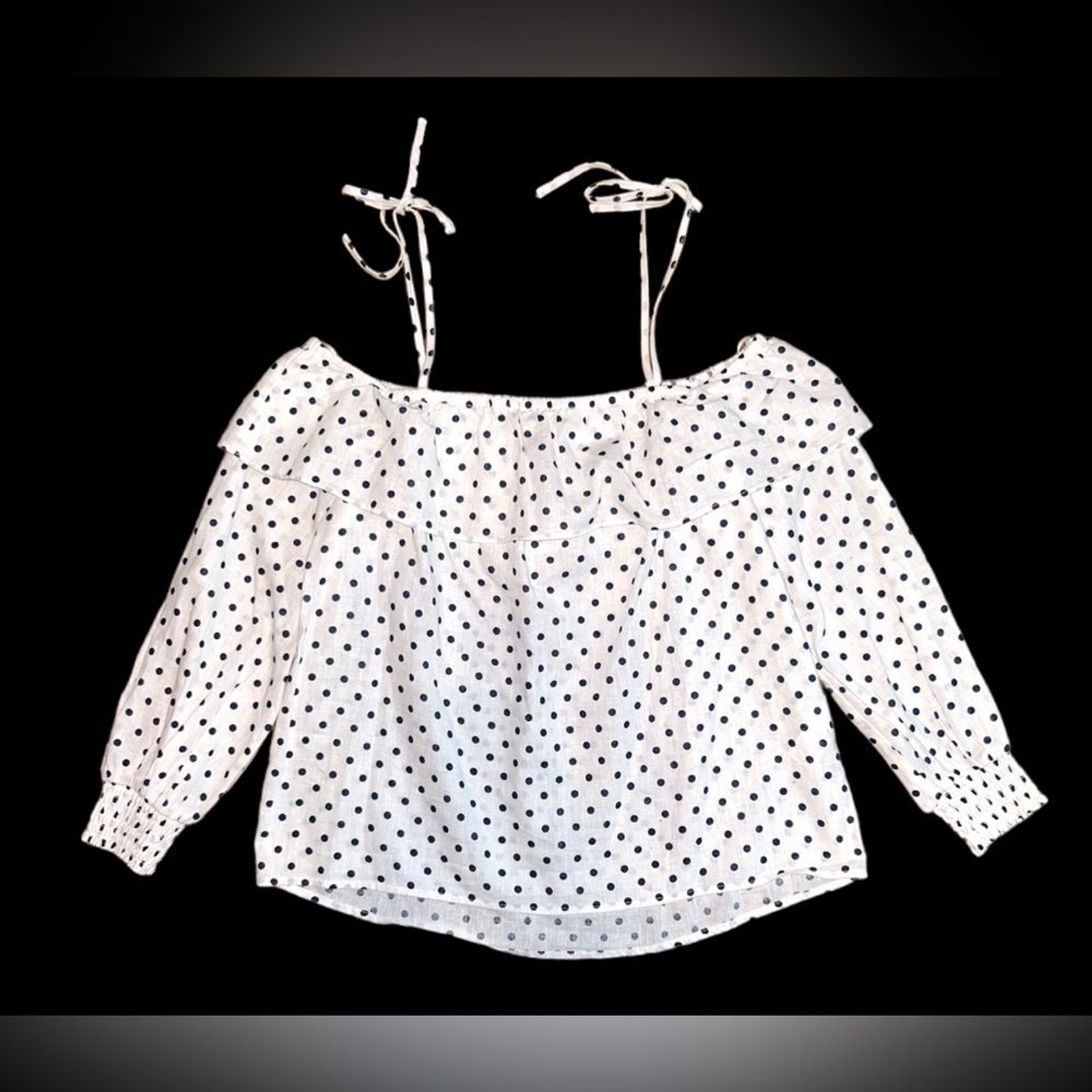 ZARA White & Black Polka Dotted Off The Shoulder Linen Blended Blouse Sz Sm NEW image 5