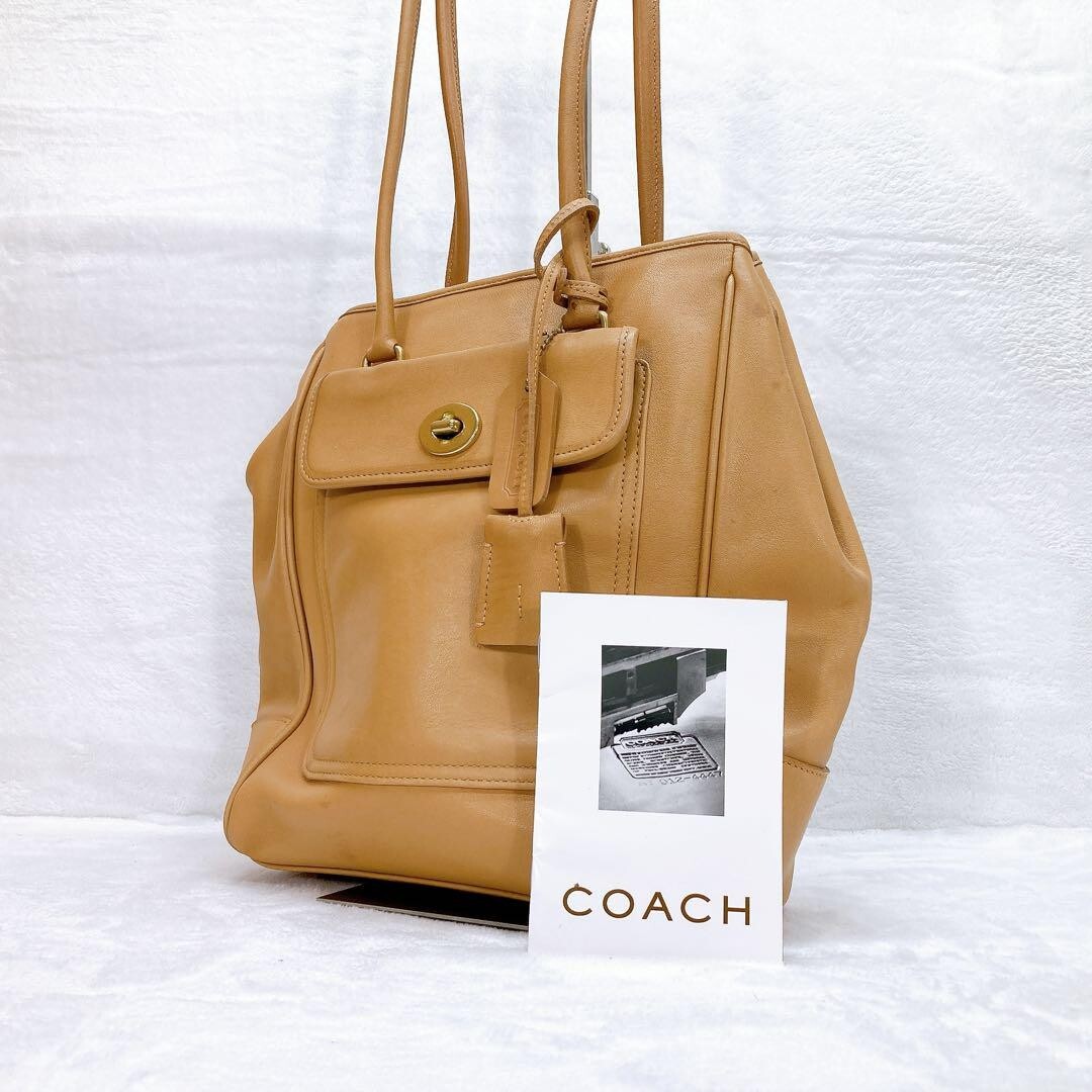 Vintage COACH Turn Lock Tote Bag with Shoulder Strap Beige Japanese Import
