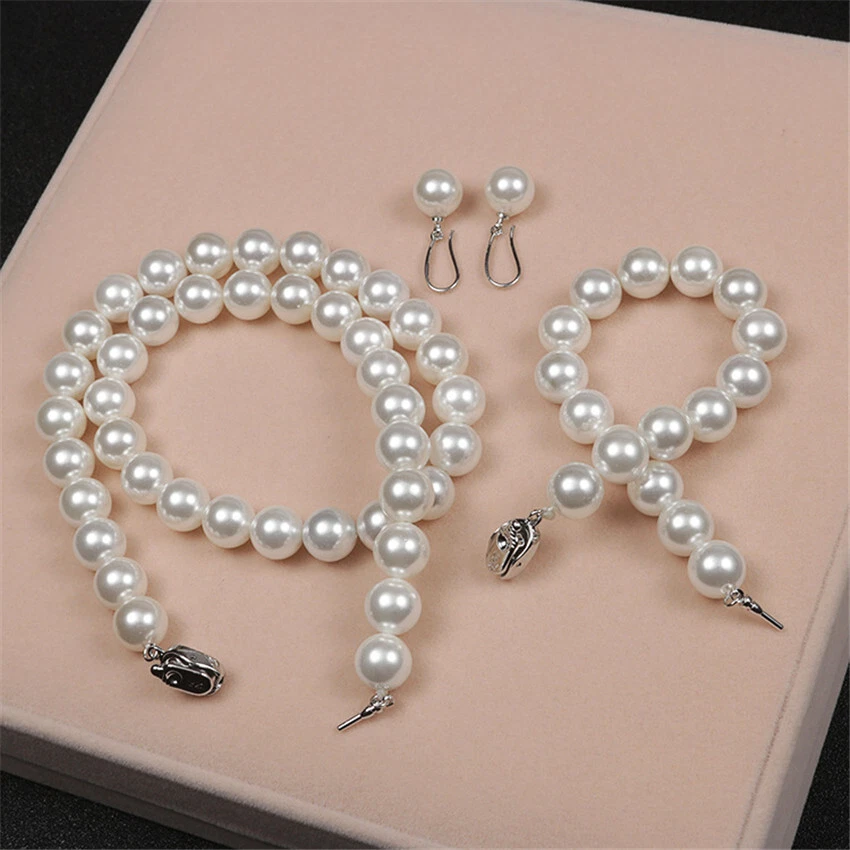 10MM Blanco Concha Perla Nudo Collar Pulsera Pendientes Set Energy Steel Charm Foto 2 de 2