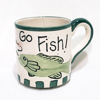 Go Fish Fishing Lures Coffee Mug Cup Green Crazing Vintage Display Only