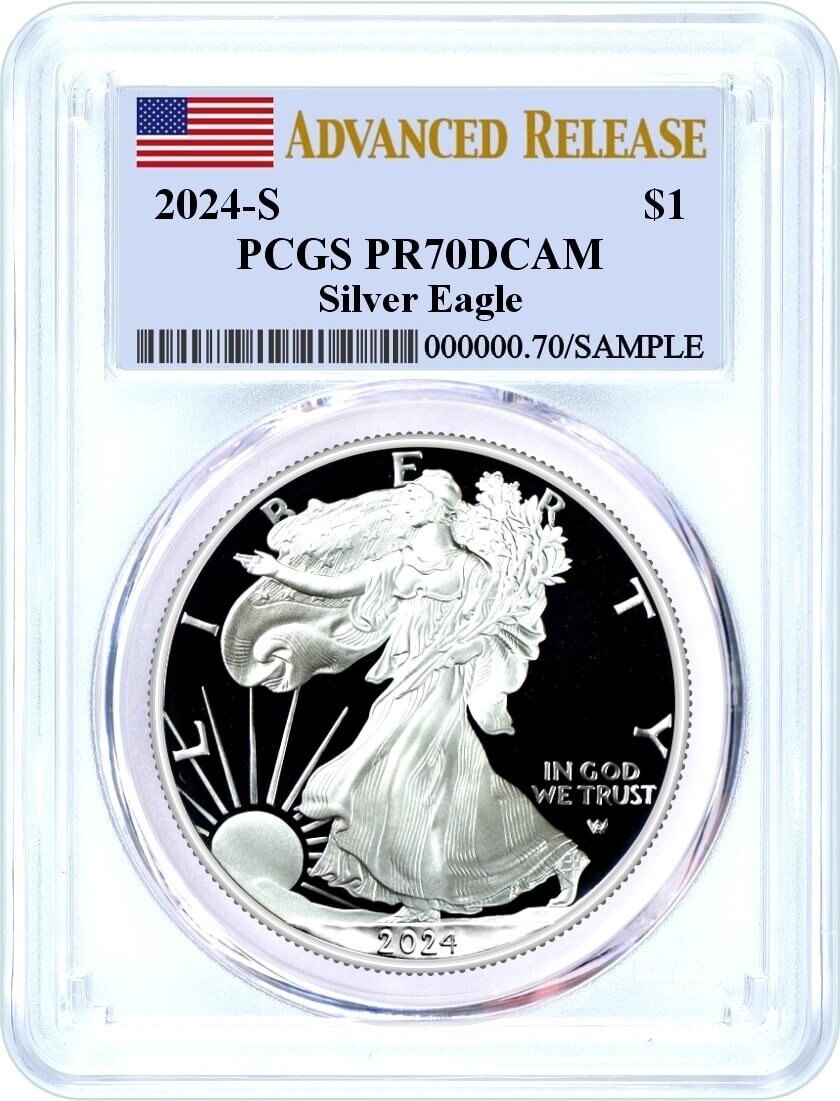 2024 S PROOF SILVER EAGLE PCGS PR70 ADVANCED RELEASE FLAG LABEL