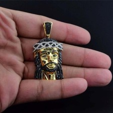 1.60 ct Black Spinel  Diamond 14K Yellow Gold Plated Jesus Face Mens Pendant 2"