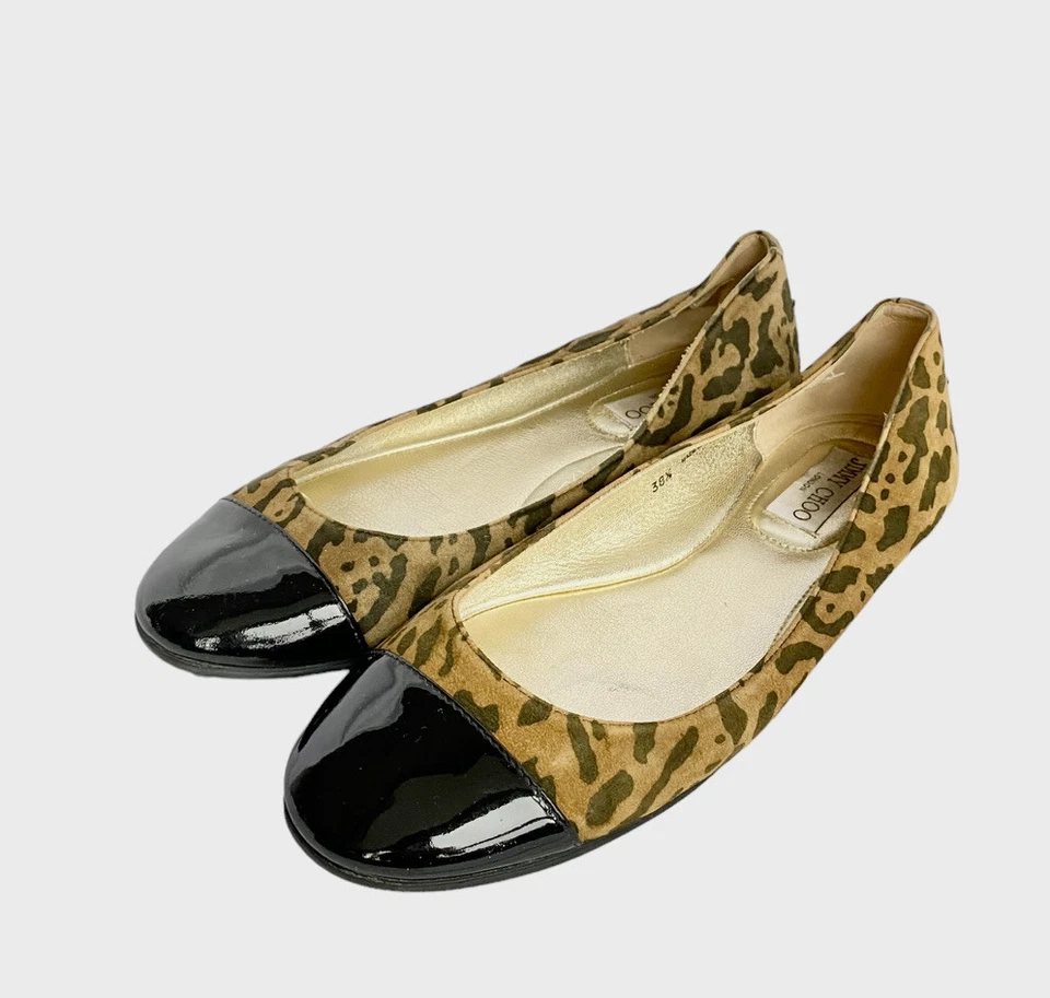 JIMMY CHOO Leopard Print Suede, Patent Leather Cap Toe Flat Ballet Shoes, 38.5 - Image 2 of 4