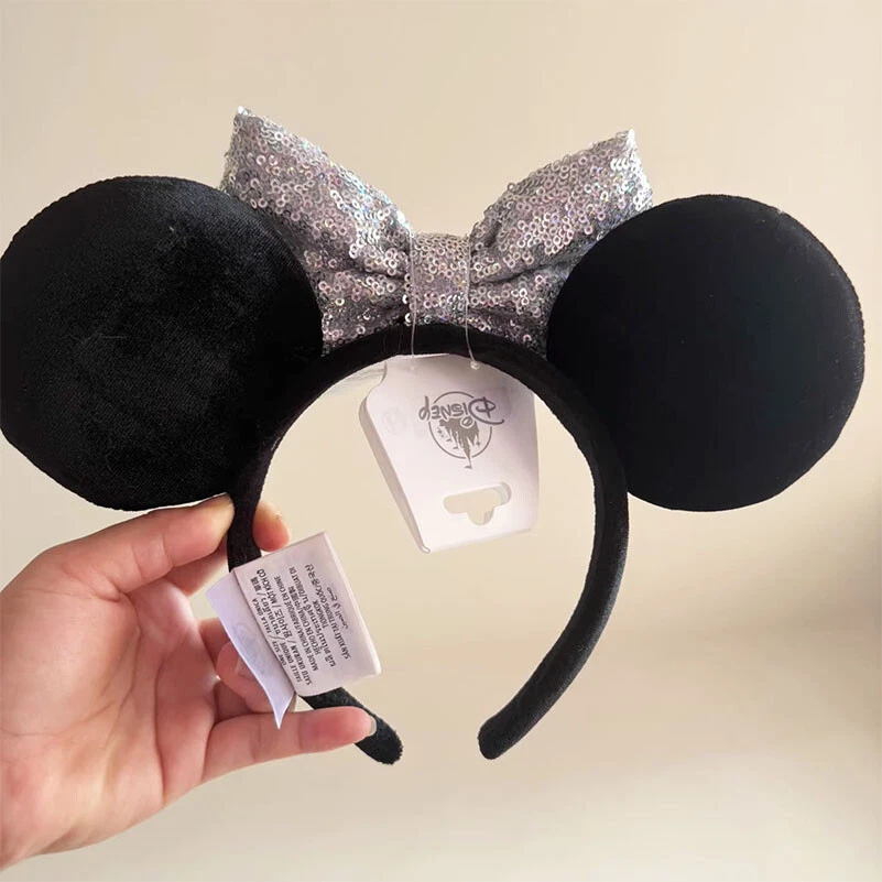 Обруч для волос Shanghai Disney 2023 Minnie Mouse Ear черный бархат серебристый бант с блестками - Изображение 4 из 4