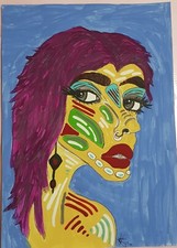 Woman Face Painting Original Signed Size A4 unusual unique Piercing 