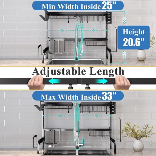 Over The Sink 2 Tier Dish Drying Rack Adjustable for Kitchen Counter with Hooks - Picture 3 of 9