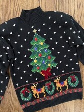 Vtg Over The Top Crazy Busy Ugly Christmas Tree Sweater Holy Grail L XL