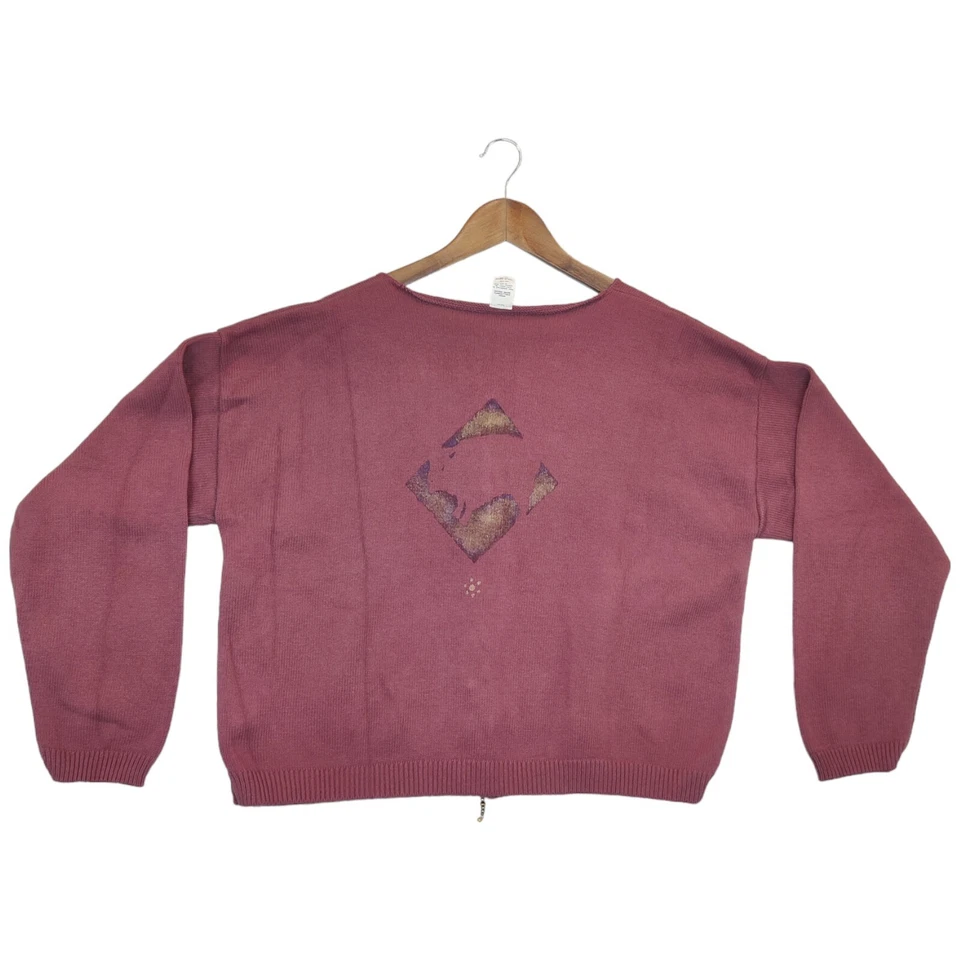 Cárdigan Suéter Búfalo Pintado Mujer L Borgoña Tejido Manga Larga Boho Nativo Foto 3 de 4