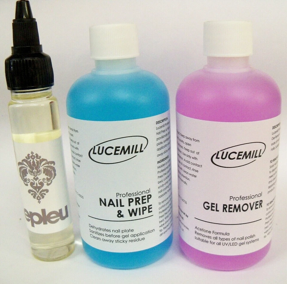 LUCEMILL PROFESSIONAL 150ml GEL (PURPLE) REMOVER + PREP & WIPE NAIL CLEANSER UV/LED + CUTICLE OIL SET