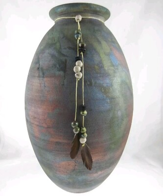 16'' Jeremy Diller Raku Spirit Jar Studio Art Pottery Vase Large Feathers Beads