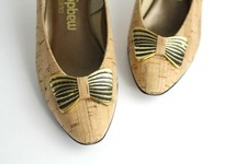 Vintage 1980 Cork Bow Wedge Shoes Heels Retro California Magdesians USA 6US 36