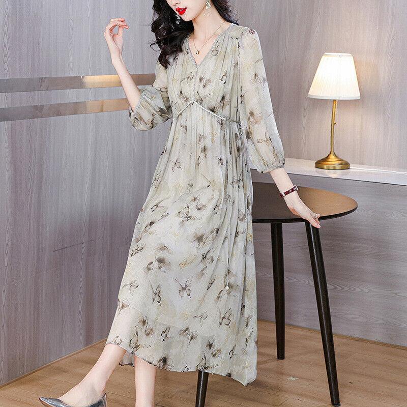 Women Spring V Neck Lantern Sleeve Floral Long Dress Printed