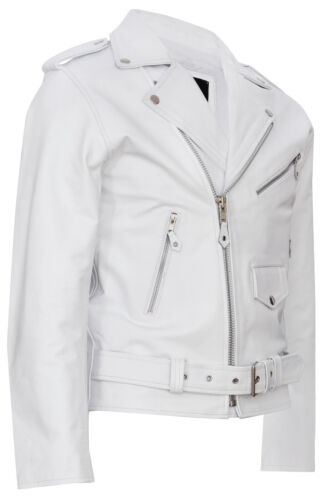 Men's Stylish Brando Casual White Leather Biker Jacket - Picture 3 of 5