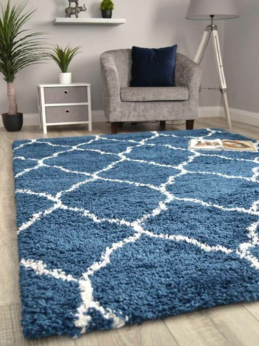 Dark Blue Cream Trellis Rugs | Fluffy Super Soft Pile | Nice 5cm Large Thick Rug - Picture 5 of 5