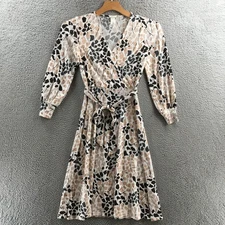 H&M Richard Allen Dress Womens S Beige Black Abstract Print Wrap Tie Long Sleeve