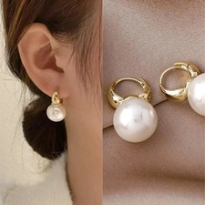 Pearl Hoop Earrings Minimalist Tiny Huggies Round Women Wedding Jewelry