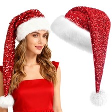 Sequin Santa Hat for Adults - Plush Red Christmas Hat for Holiday Parties