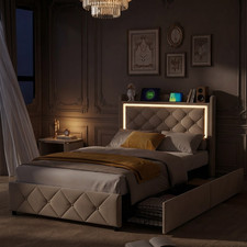 Single Bed Frame,3ft Upholstered Bed,Storage bed with Charging Station & LED