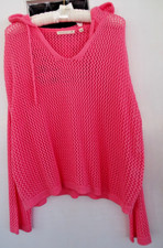 Uncharted Threads Peach Open Weave Knit Hooded V Neck Sweater Women s Sz Med