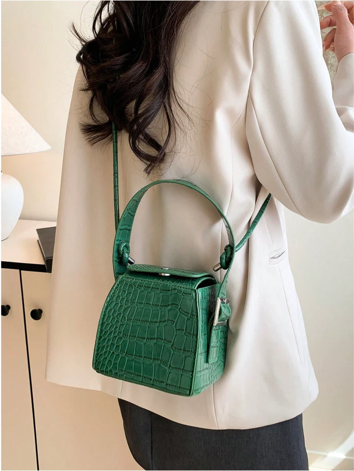 Green Mini Buckle Detail Snap Button Bucket Bag Crocodile Texture Cube Bag - Image 3 of 4