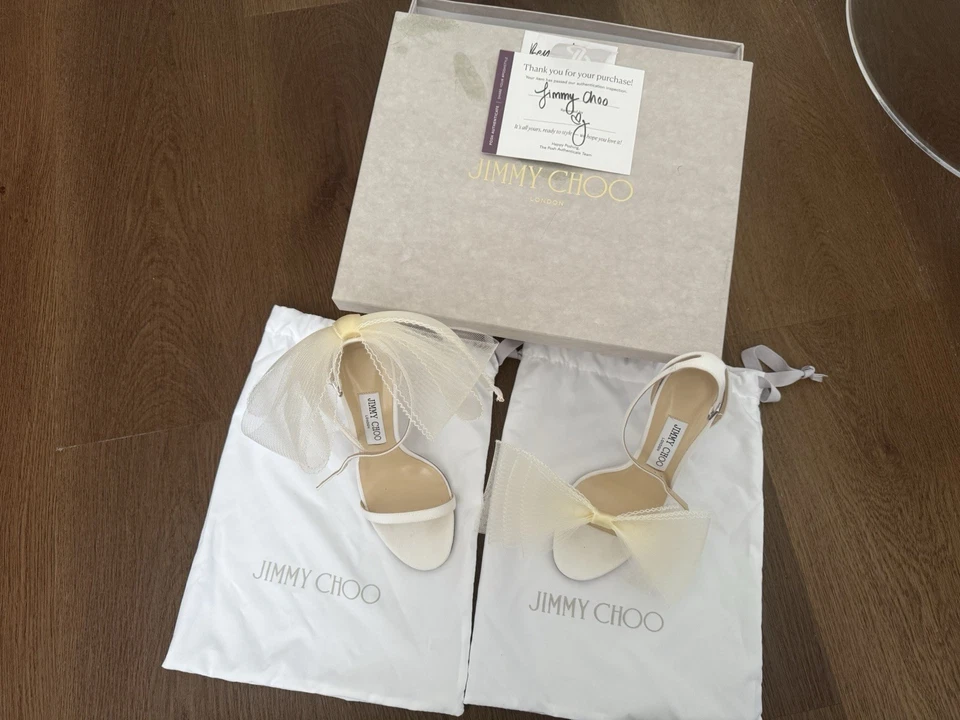 Sandalia Jimmy Choo Aveline 100 lazos EU 39US 8,5 blanco marfil boda tacón nupcial Foto 3 de 4