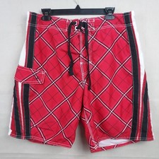 OP Ocean Pacific Men  s L 36-38 Red Plaid Board Shorts Swim Trunks Surf Summer
