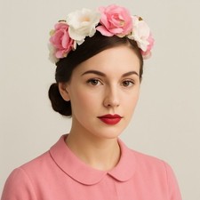 Vintage 1950s Modern Miss Pink White Floral Half Hat Headpiece Union Made USA