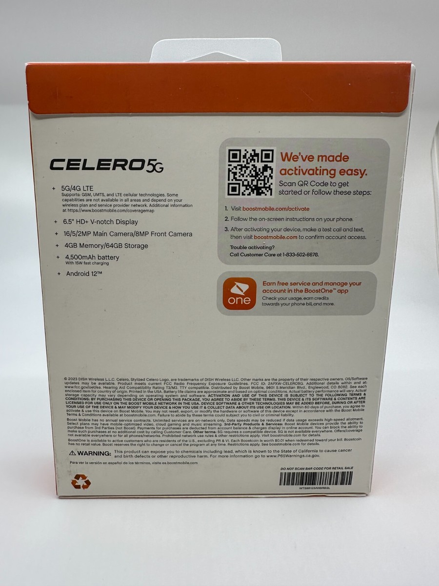 Boost Mobile Celero 2.0 5G, 6.5” HD+, 64GB, 16MP, Prepaid 