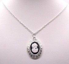 Photo Locket Silver Charm with Black Resin Cameo Pendant Chain Necklace